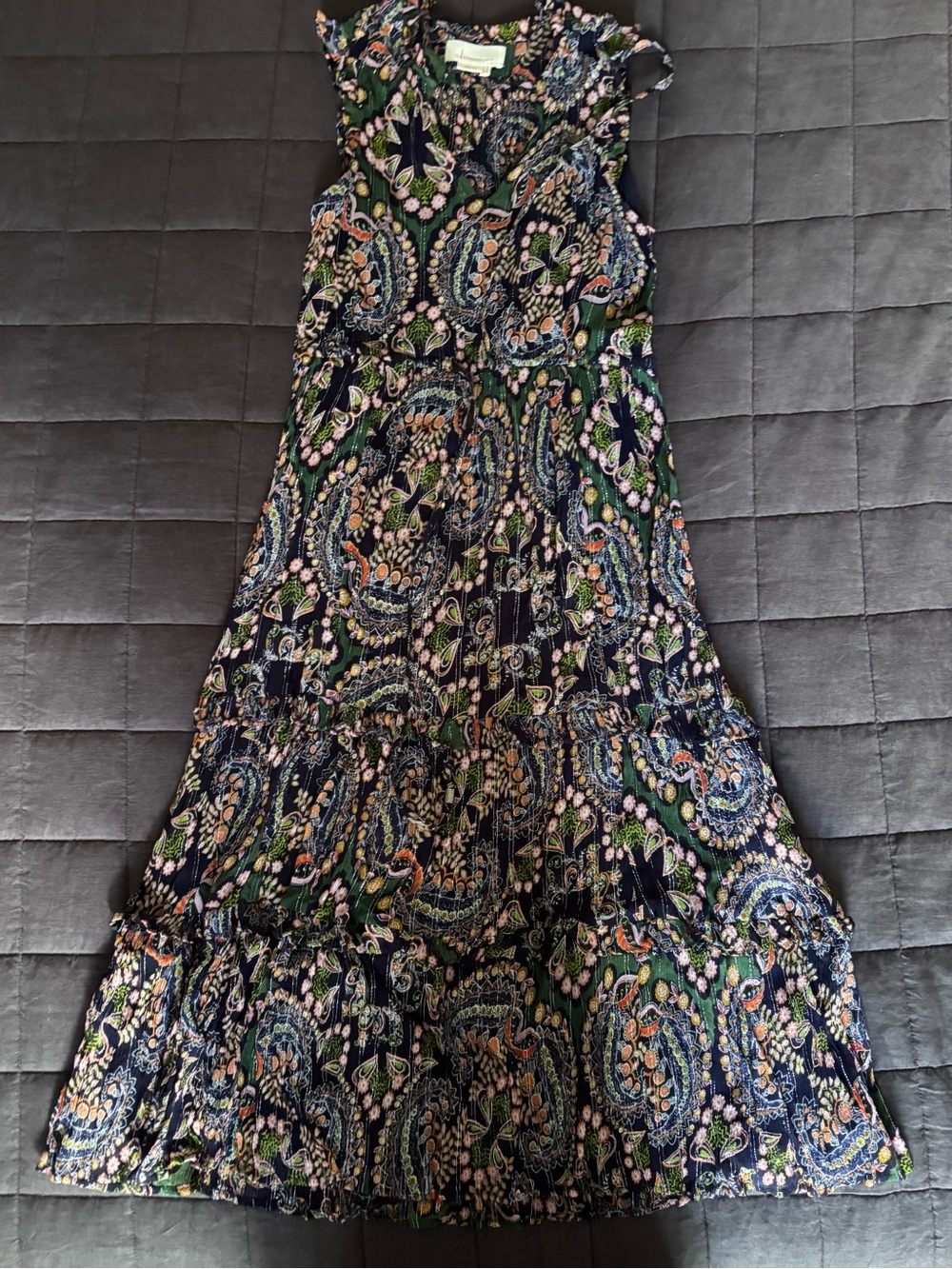 Anthropologie Navy Paisley Tiered Midi Dress with Green and Pink